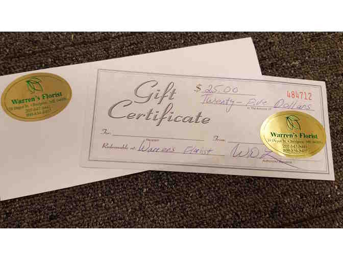 $25 Gift Certificate to Warren's Florist, Bridgton, Maine
