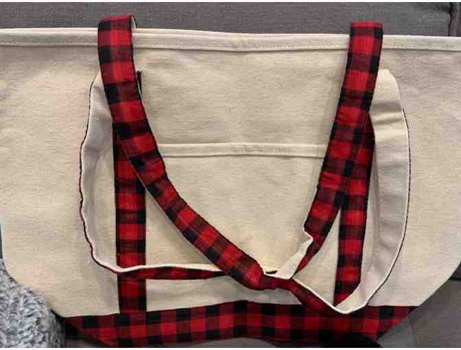 Cozy Buffalo Plaid Gift Package Winter Hat, Tote Bag, Fleece Blanket, Mug, and Hot Cocoa