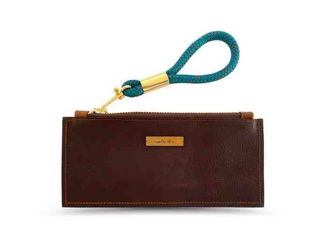 Brown Leather Clutch with Chunky Brass Zipper & Seaside Teal Rope Wristlet