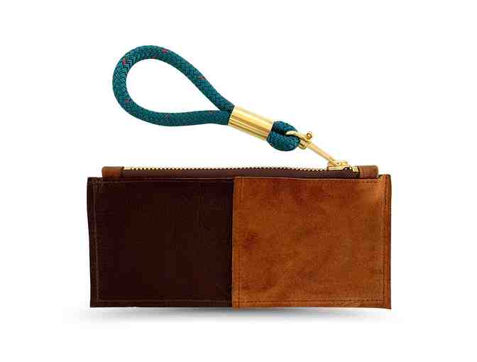 Brown Leather Clutch with Chunky Brass Zipper & Seaside Teal Rope Wristlet