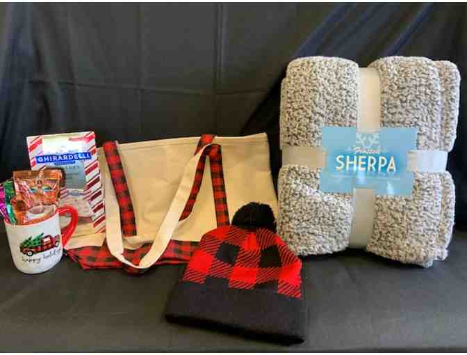 Cozy Buffalo Plaid Gift Package Winter Hat, Tote Bag, Fleece Blanket, Mug, and Hot Cocoa