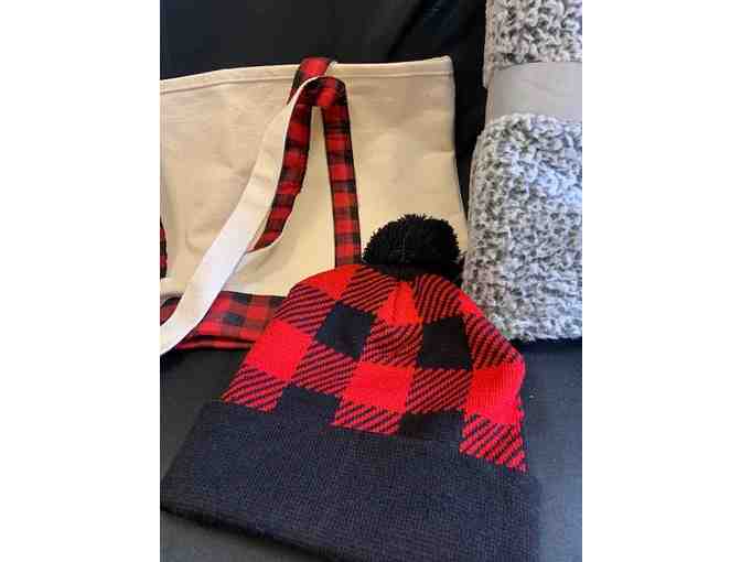 Cozy Buffalo Plaid Gift Package Winter Hat, Tote Bag, Fleece Blanket, Mug, and Hot Cocoa