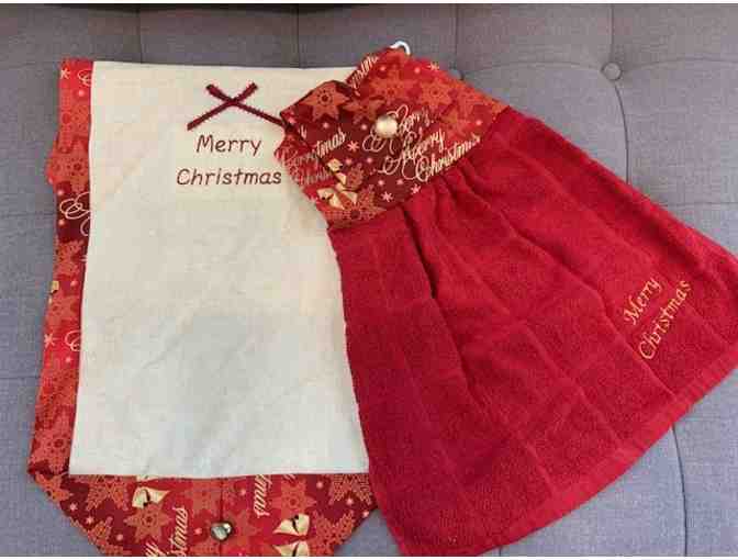 'Merry Christmas' Red and White Embroidered Table Runner and Towel