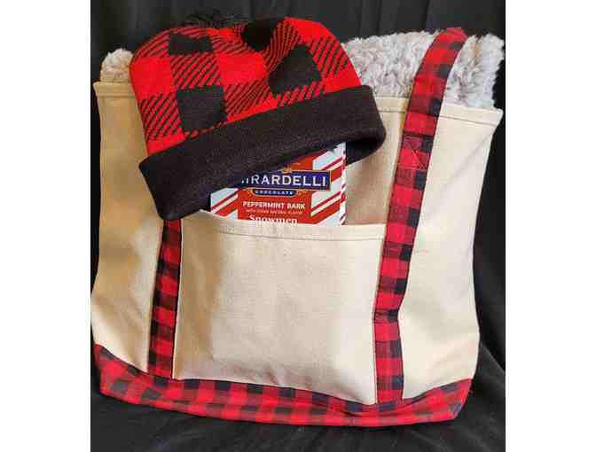 Cozy Buffalo Plaid Gift Package Winter Hat, Tote Bag, Fleece Blanket, and Chocolates