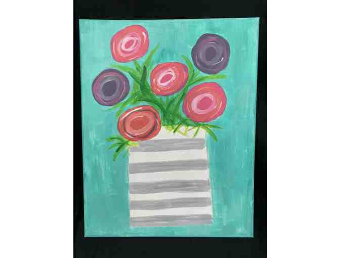Bright Florals in Gray Striped Vase - acrylic painting by local artist Kamryn - Photo 1