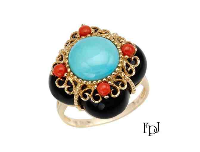 Turquoise, Onyx and Coral Ring in 14K Gold - Photo 1