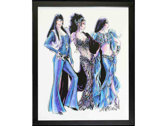 Framed and signed costume sketches by Bob Mackie from The Cher Show