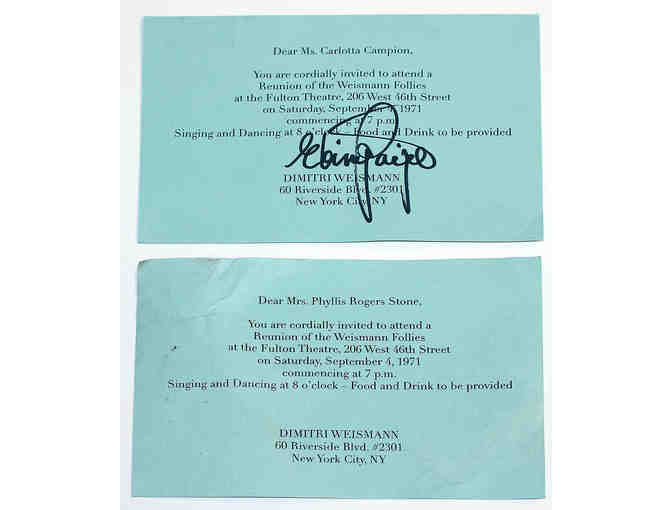 Set of two introduction card props from Follies, signed by Jan Maxwell and Elaine Paige