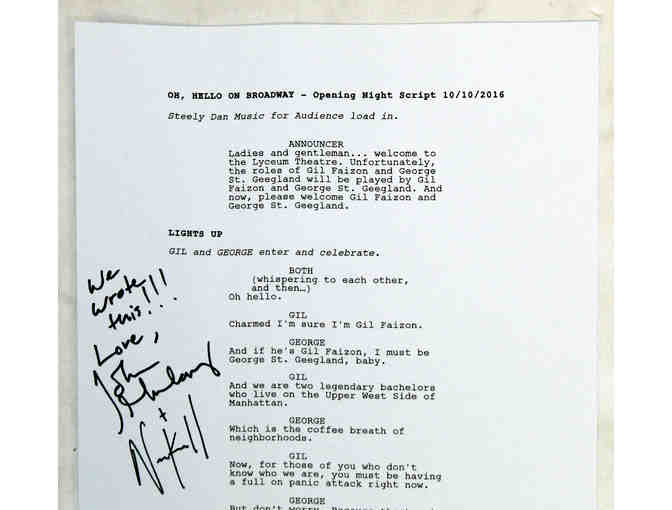 Oh, Hello! On Broadway script page, signed by Nick Kroll and John Mulaney