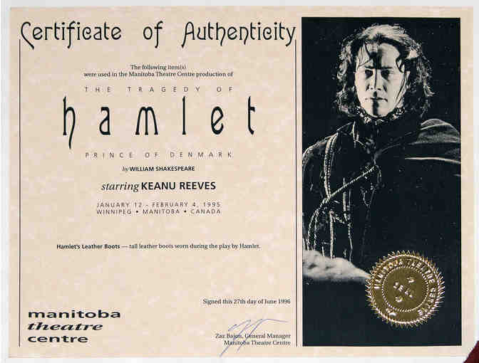 Boots worn by Keanu Reeves in 1995 production of Hamlet, plus audio recordings of opening night