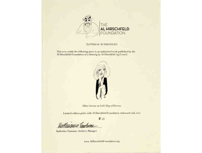 Little Shop of Horrors giclée print drawn by Al Hirschfeld, signed by Ellen Greene