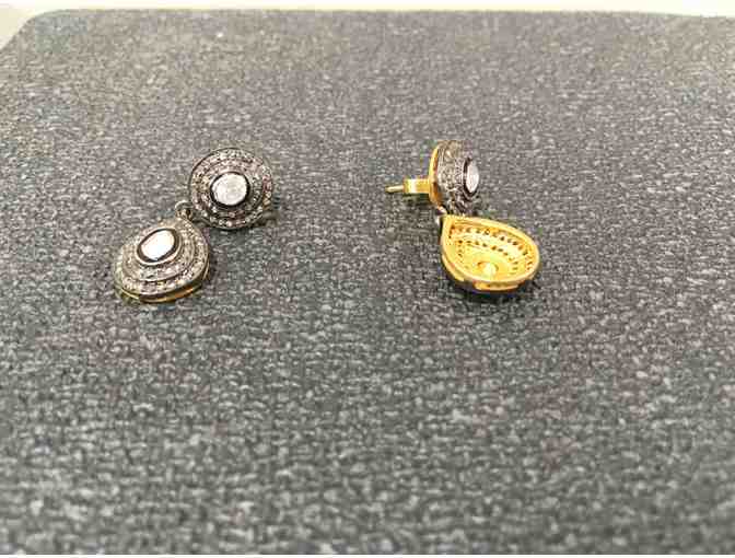 Pair of custom cast & assembled Anodized Silver Diamond earrings w/ yellow Gold accents. 1.04 ct.