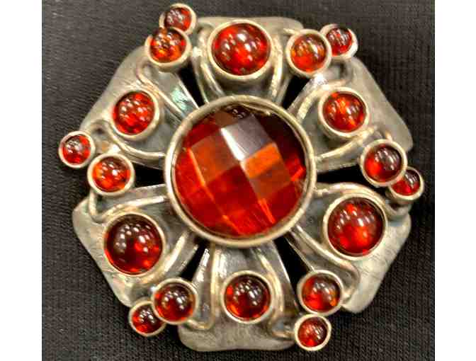 Vintage Sterling Silver Flower Brooch Pin/Pendant with Red Stones