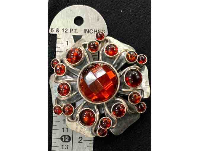 Vintage Sterling Silver Flower Brooch Pin/Pendant with Red Stones