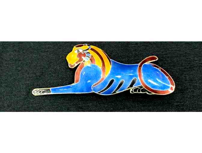 Sterling Silver Lion Brooch Pin with Colorful Painted Enamel