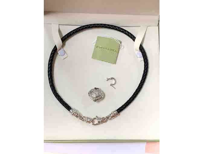 Judith Ripka Black Leather Braided Sterling Silver Heart Necklace