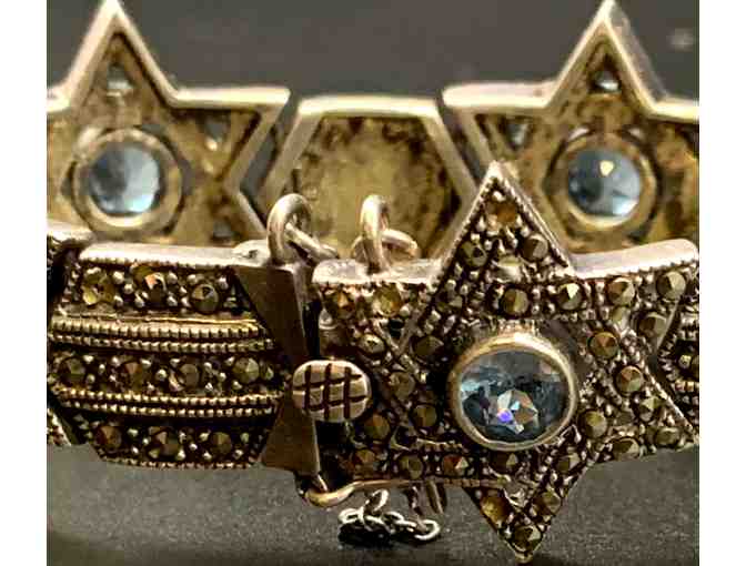 Sterling Silver Star of David Bracelet with Marcasite and Blue Aquamarine Stones