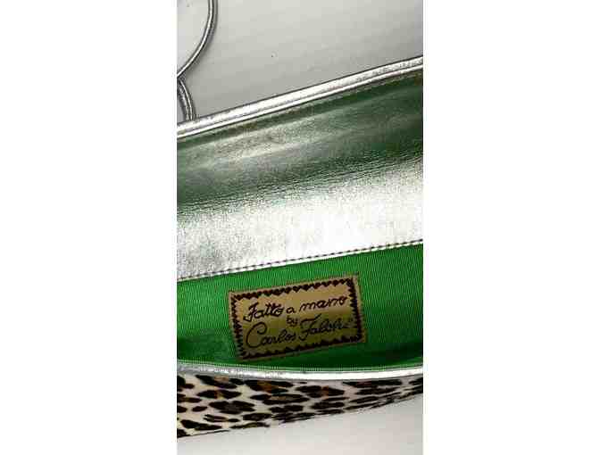 Carlos Falchi Fatto A Mano Leopard Print Clutch with Silver Trim and Thin Silver Strap