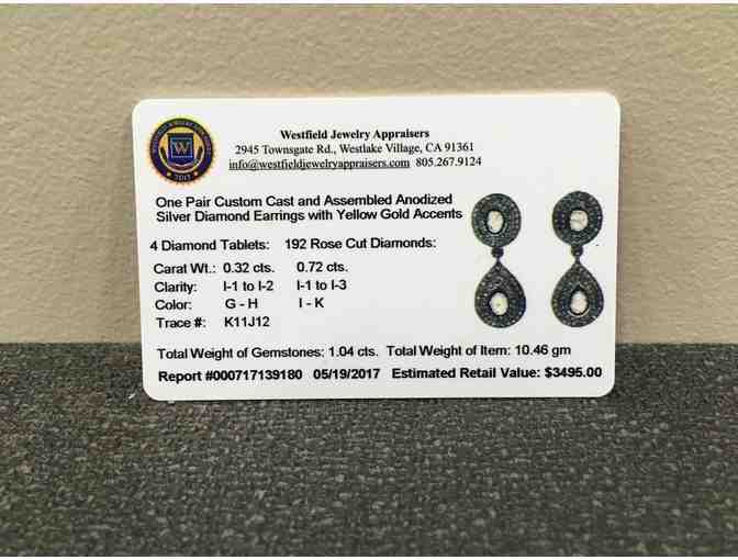 Pair of custom cast & assembled Anodized Silver Diamond earrings w/ yellow Gold accents. 1.04 ct.