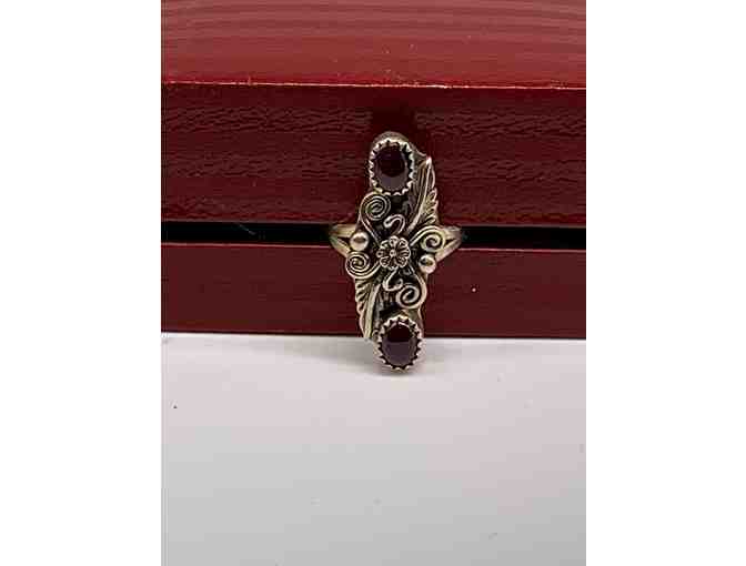 Ornate Sterling Silver Ring with Burgundy Stones