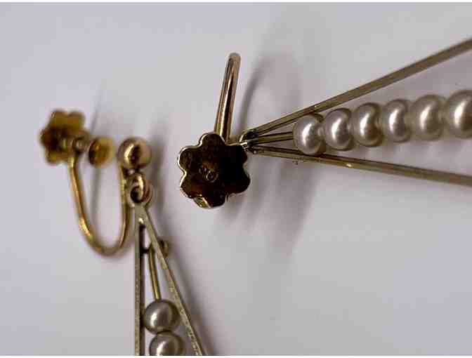 9CT Gold Screw Back Hanging Earrings with Faux Pearls