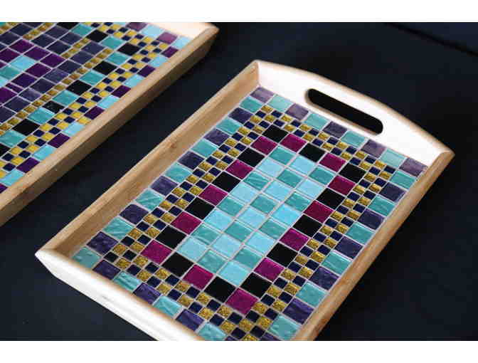 Two Custom Made Mosaic Tile Bamboo Trays