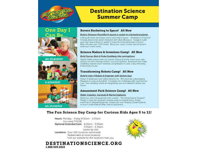 SUMMER CAMP - DESTINATION SCIENCE - Gift Certificate for One Week