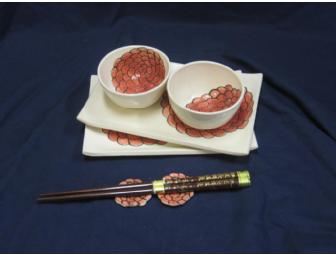Flower Design Sushi Tray Set: Two (2) Trays, Bowls, and Chopstick Holders, Chopstick