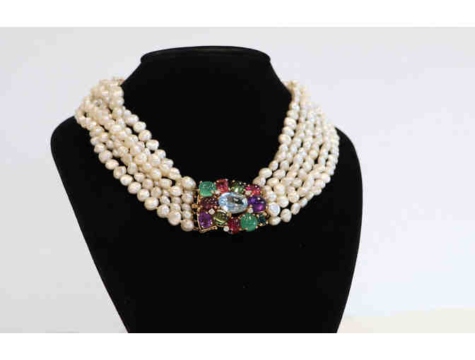6 Strand Pearl Necklace with Gemstone Clasp