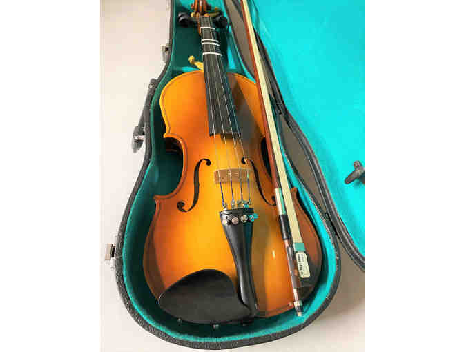 Violin with bow, case and shoulder rest