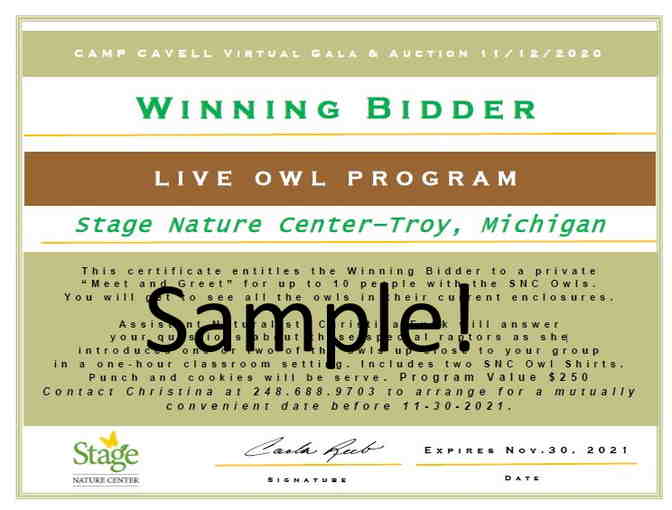 Private Meet and Greet with the Stage Nature Center Owls