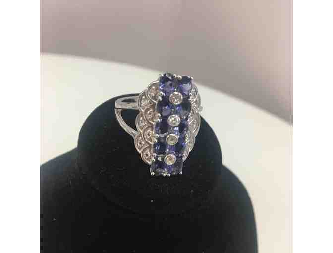 Iolite and White Topaz Scalloped Ring, Size 10