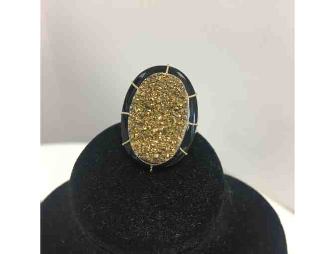 Onyx and Gold Drusy Statement Ring, Size 10