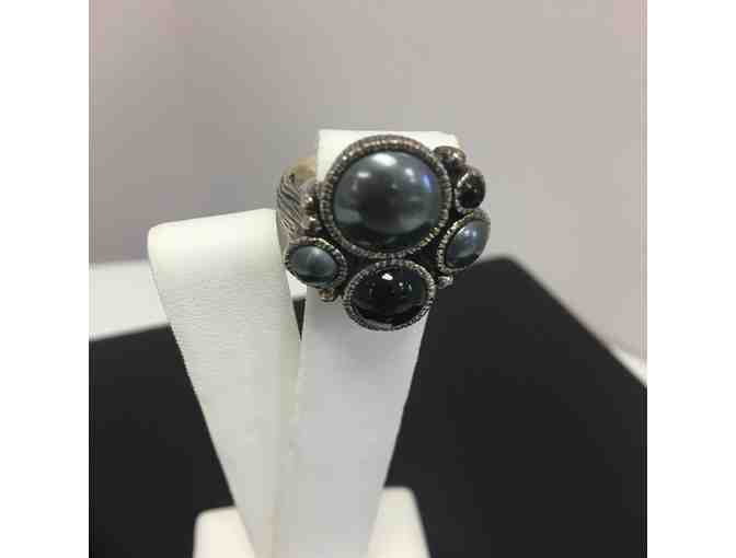 Onyx and Hematite Bubble Ring set in Sterling Silver, Size 10