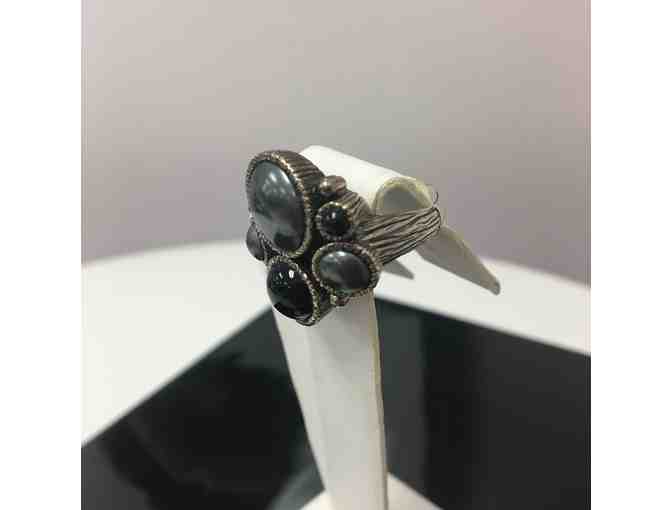 Onyx and Hematite Bubble Ring set in Sterling Silver, Size 10
