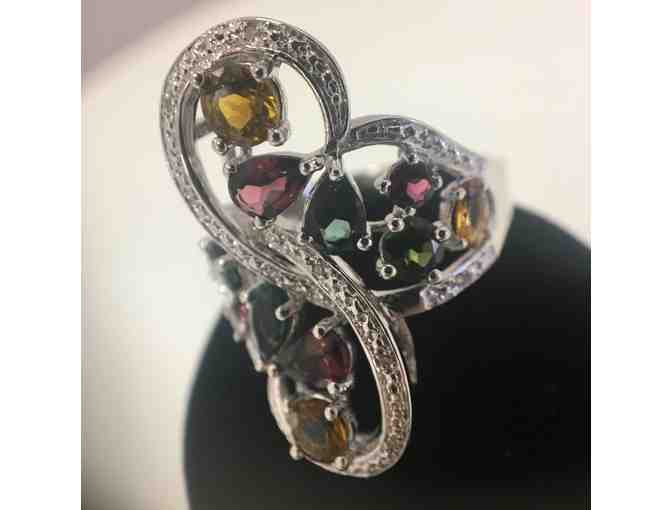 Intricate Multicolor Tourmaline Ring Set in Sterling Silver (size 10)
