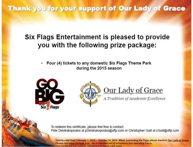 4 Tickets to Six Flags Theme Park