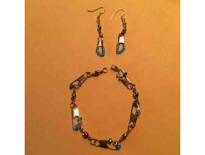 Brass Swivel Bracelet and Earrings with Light Blue Beads