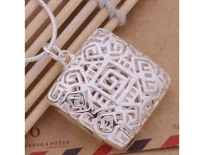 Sterling Silver Tribal Pattern Cut-Out Square Cage Necklace