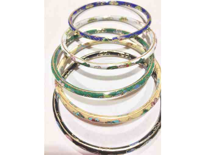 Five (5) Floral Enamel Cloisonne Bangle Bracelet Lot