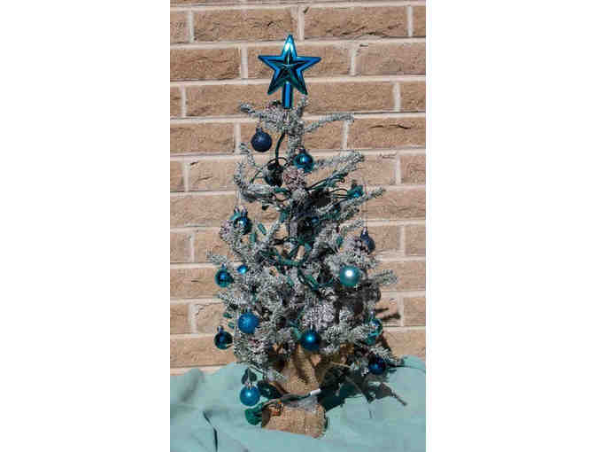 Mini Snow Covered Christmas Tree with Blue Decorations