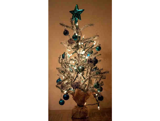 Mini Snow Covered Christmas Tree with Blue Decorations