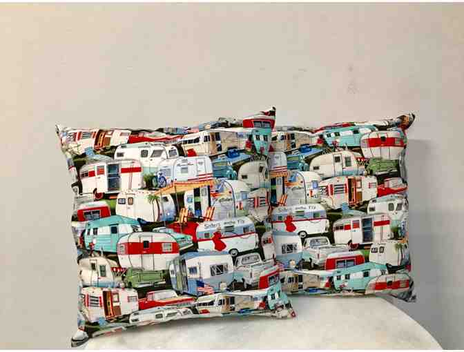 Adorable Hand-Sewn Pillows by a CfR Alumna with two Microwave Bowl Holders