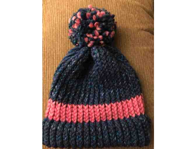 Lower Opening Bid!  Hand-Knitted Hat in CfR Colors with a Key Chain and Earrings