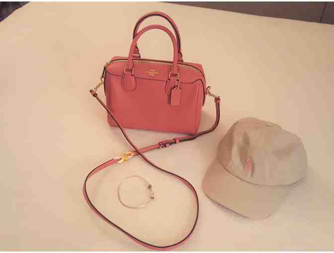 Coach Purse, a Breast Cancer Ribbon Key Ring and Pink Stuff Hat