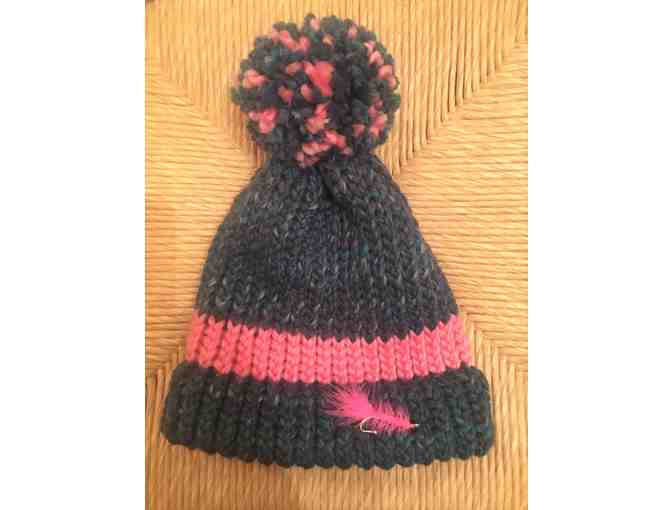 Lower Opening Bid!  Hand-Knitted Hat in CfR Colors with a Key Chain and Earrings