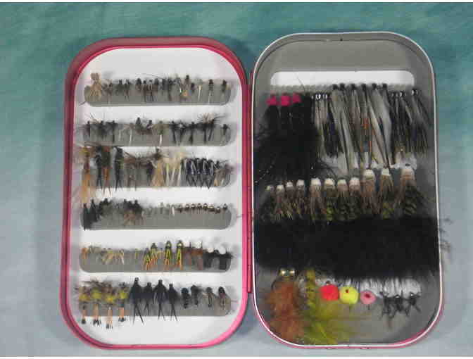 Flies: Assortment of 135 flies. Dry, wet, nymph, streamer. Etched Aluminum box.