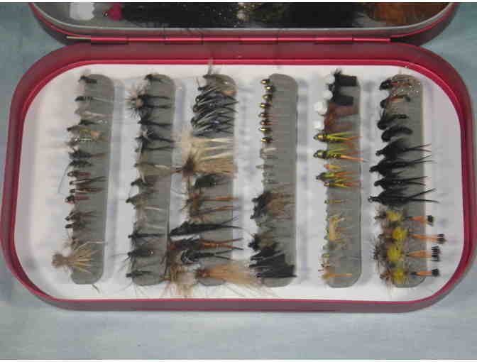 Flies: Assortment of 135 flies. Dry, wet, nymph, streamer. Etched Aluminum box.