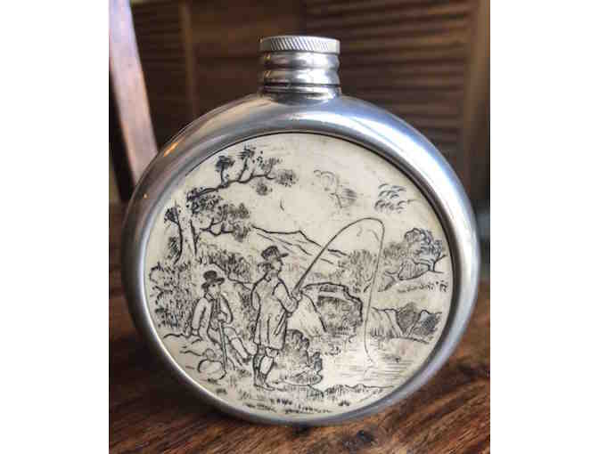 Vintage English Hip Flask with Inlaid Fishing Scene
