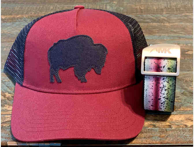 Blue/Red Bison Trucker Hat and Rainbow Trout Belt